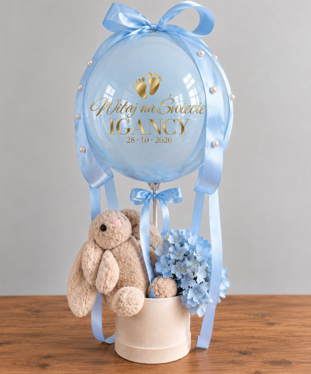 Zestaw prezentowy na narodziny dziecka - pluszowy królik i balonik baby blue